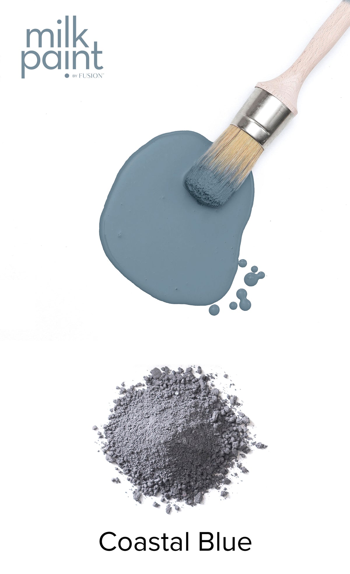 fusion Coastal Blue milk paint with a brush and powder on a white background
