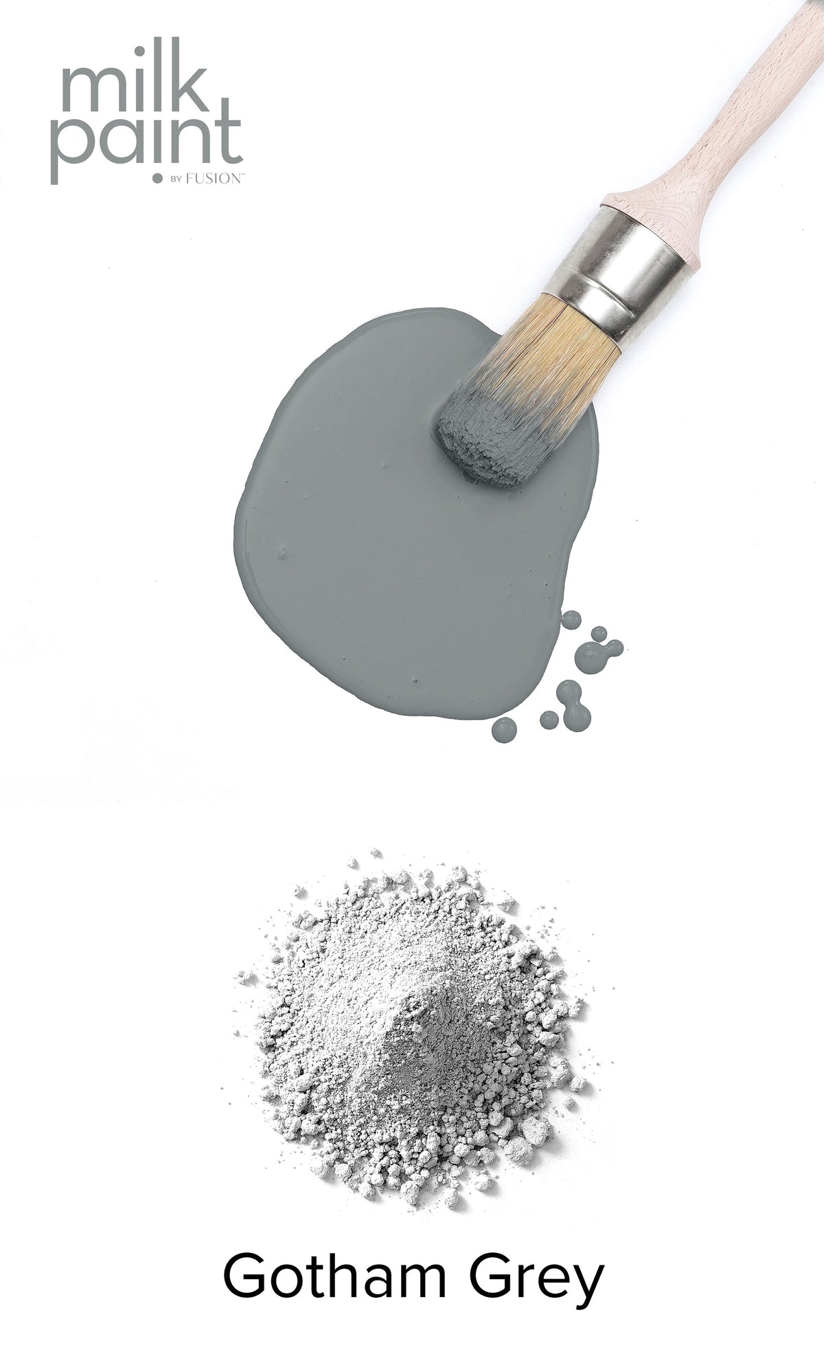 Milk paint in Gotham Grey with a brush and powder on a white background