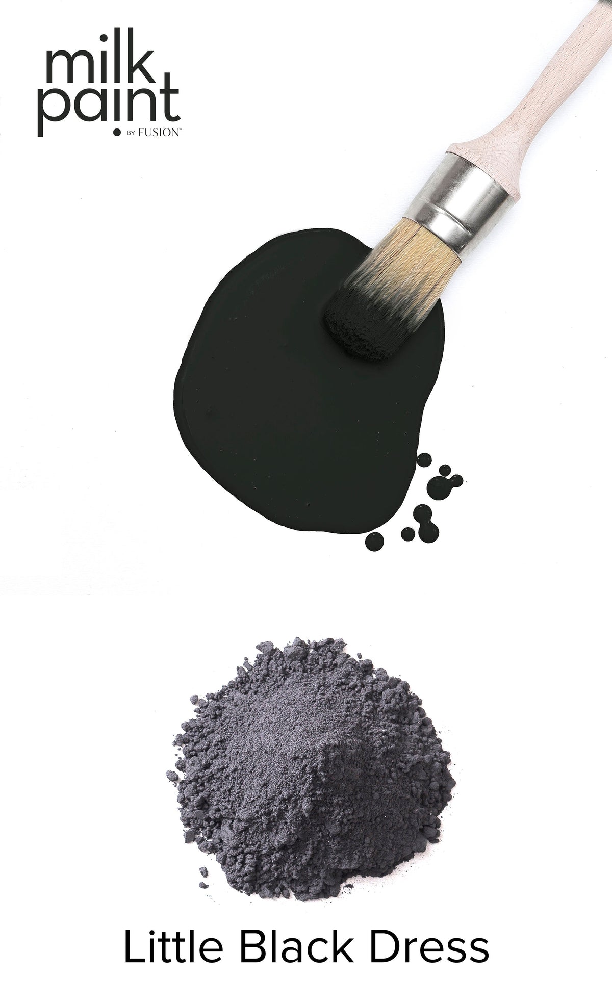 Black milk paint with a brush and powder on a white background, featuring the brand 'milk paint'. Little Black Dress Fusion Milk Paint