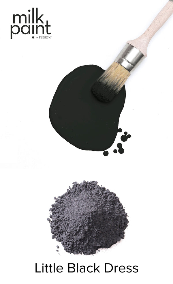 Black milk paint with a brush and powder on a white background, featuring the brand 'milk paint'. Little Black Dress Fusion Milk Paint