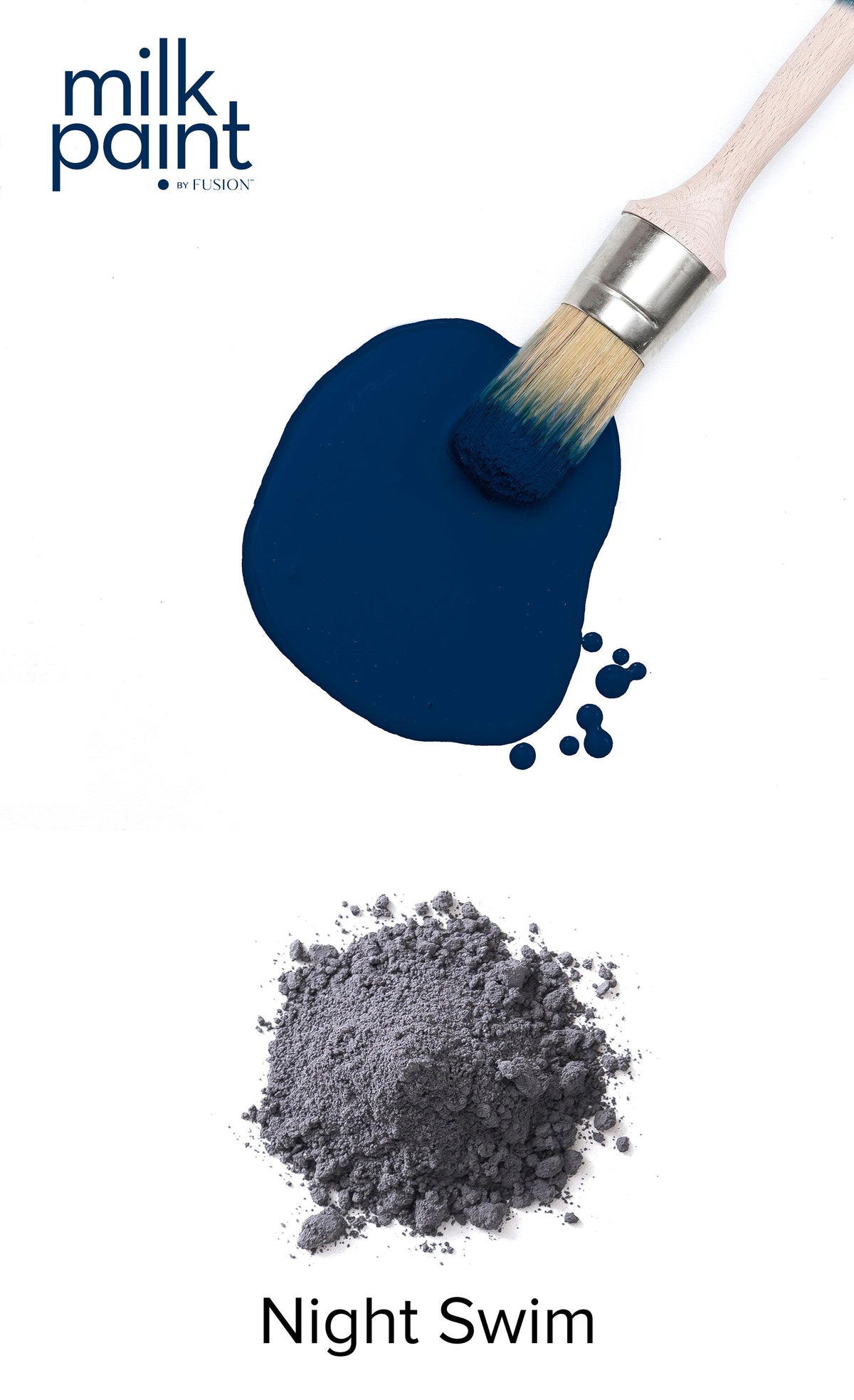 Night Swim Fusion Milk Paint. Navy blue milk paint with a brush and powder on a white background, labeled 'Night Swim'.