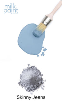 Skinny Jeans Fusion Milk Paint. Milk paint in 'Skinny Jeans' color with a brush and powder on a white background
