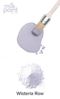 Milk paint in Wisteria Row color with a brush and powder on a white background