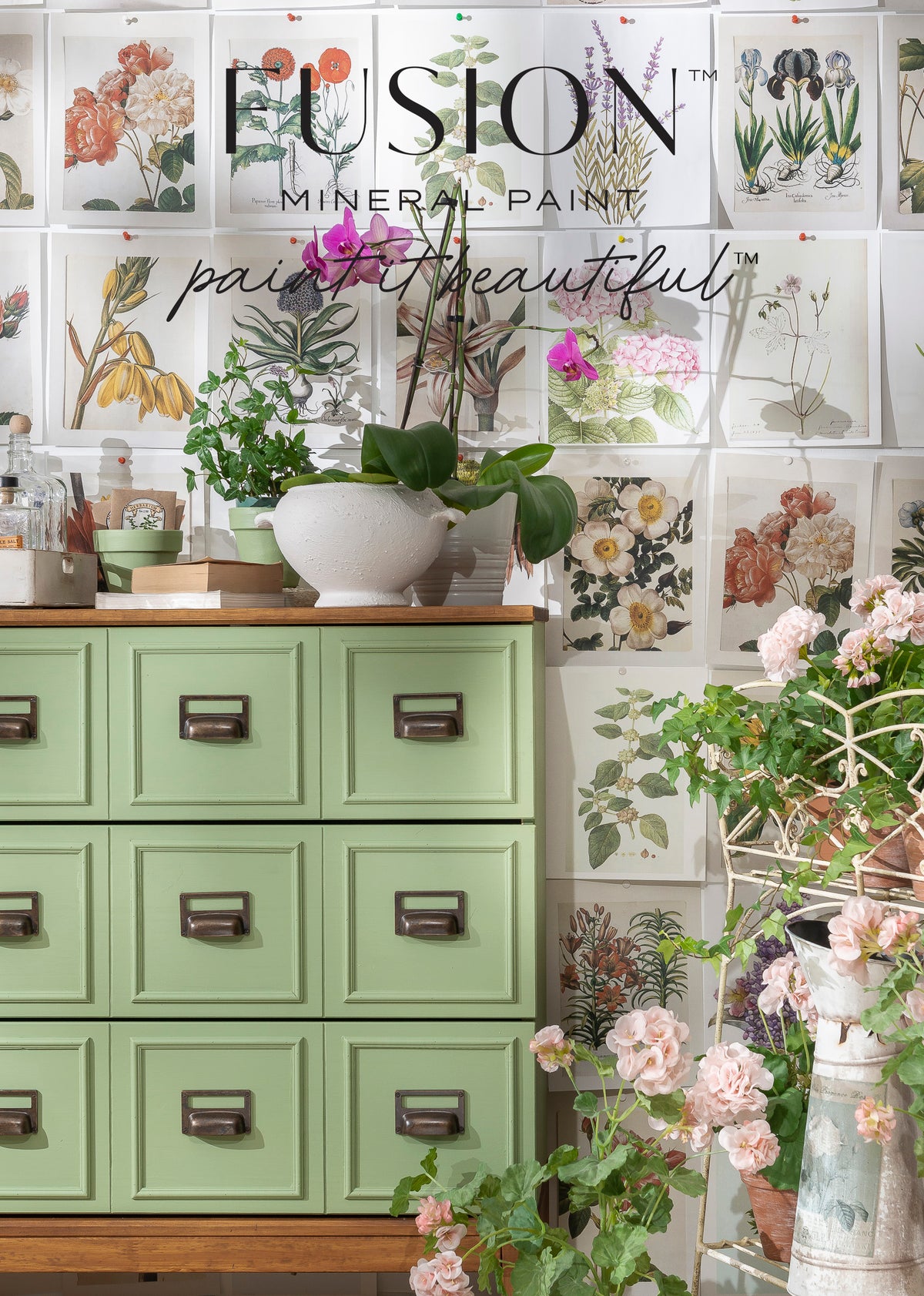 Fusion Mineral Paint display with green cabinet and floral decorations Conservatory Fusion Mineral Paint