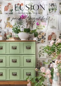 Fusion Mineral Paint display with green cabinet and floral decorations Conservatory Fusion Mineral Paint