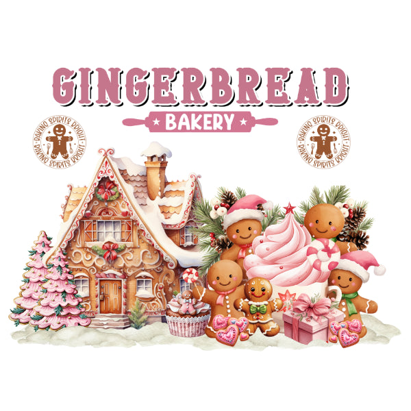 A festive gingerbread-themed bakery graphic on a white background, featuring a decorated gingerbread house, several smiling gingerbread people in Santa hats, pink whipped cream, candy canes, gift boxes, pinecones, and the words “GINGERBREAD BAKERY” at the top.