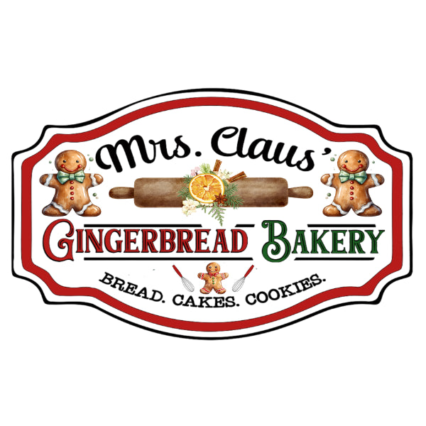 A decorative sign or label for 'Mrs. Claus Gingerbread Bakery' featuring gingerbread people, a rolling pin, an orange slice, cinnamon sticks, and the text 'BREAD.