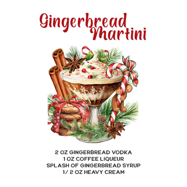 A festive gingerbread martini recipe graphic on a white background, featuring a watercolor-style illustration of a whipped drink in a glass garnished with candy canes, cinnamon sticks, star anise, gingerbread cookies, and pine branches, with the title 'Gingerbread Martini' at the top and ingredient text below.