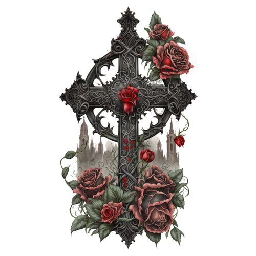 Decorative cross with red roses on a white background Gothic Cross red roses White Cloud Transfer