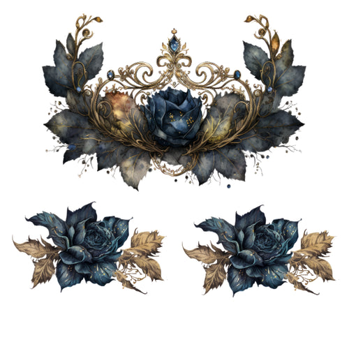 Decorative floral design with blue and gold elements on a white background Gothic Princess flowers White Cloud Transfer