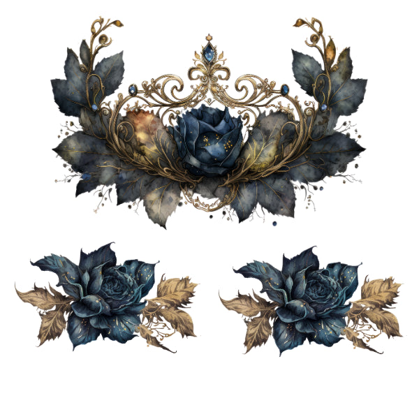 Decorative floral design with blue and gold elements on a white background Gothic Princess flowers White Cloud Transfer