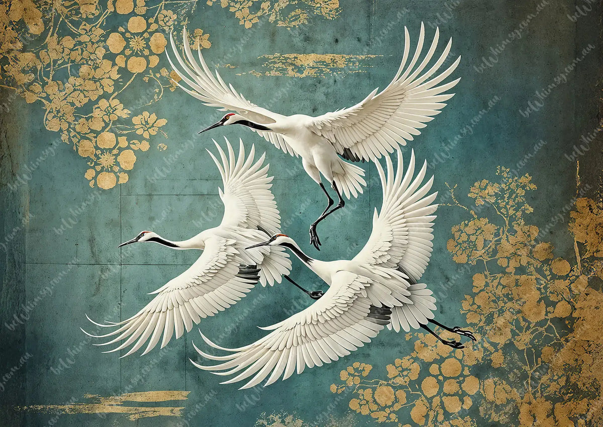 Three white cranes flying against a textured blue and gold background. Golden Flight Mulberry Decoupage Paper