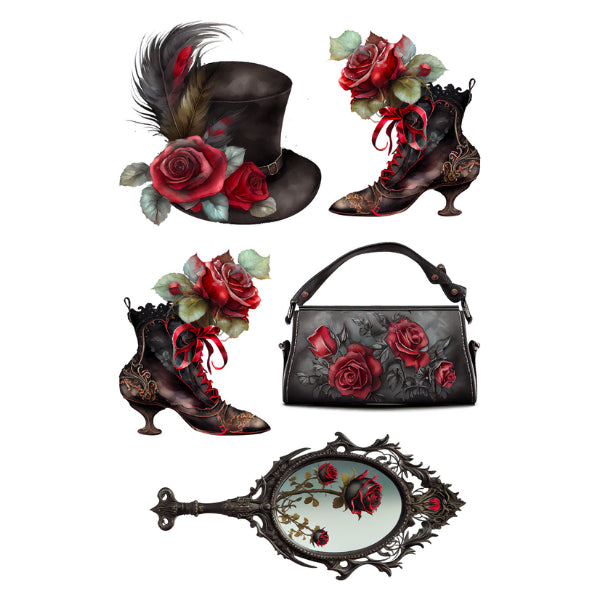 Collection of gothic-style accessories including a top hat, shoes, handbag, and mirror with floral and rose details. Gothic Fashion Reds White Cloud Transfer