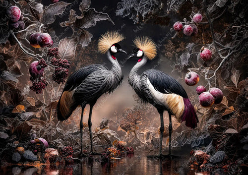 Two crowned cranes in a forest setting with berries and leaves. Grey Crowned Crane Mulberry Decoupage Paper