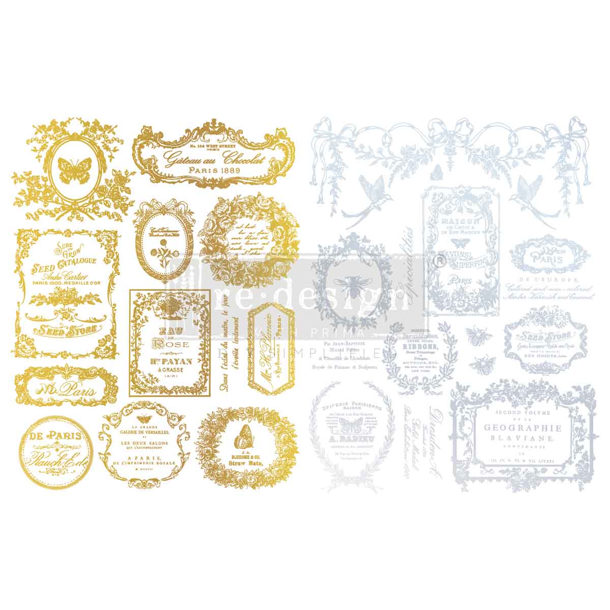 Decorative gold and silver labels on a white background. H2O transfer Eclat Du Matin Gold & Silver Redesign with Prima 2 sheets