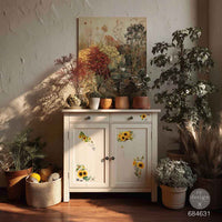 White cabinet with sunflower decals in a room with plants and a floral painting on the wall. H2O transfer Rustic Amber Petals 1 sheet Redesign with Prima