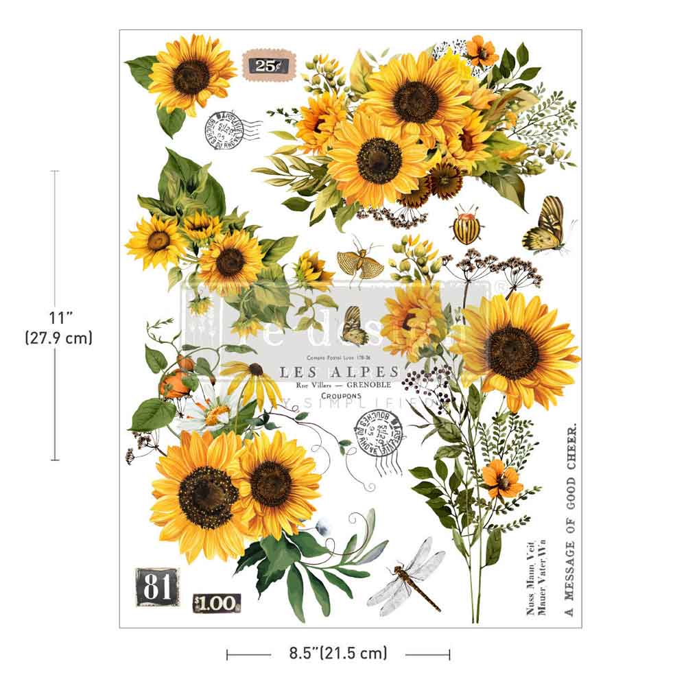 Decorative sheet with sunflowers and nature-themed elements on a white background. H2O transfer Rustic Amber Petals 1 sheet Redesign with Prima