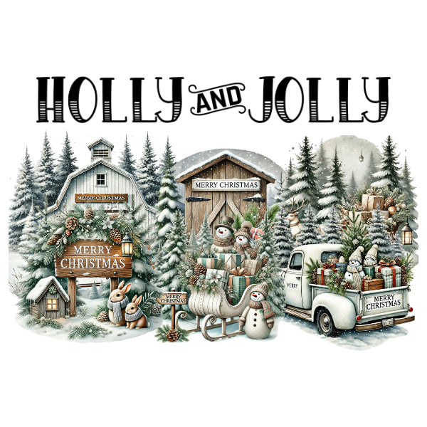 A festive Christmas illustration with the words “HOLLY AND JOLLY” at the top, showing snow-covered evergreen trees, a barn, a sleigh, snowmen, wrapped gifts, and a vintage pickup truck loaded with holiday decorations on a white background.
