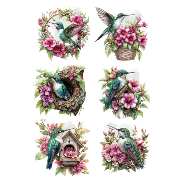 Set of six decorative stickers featuring hummingbirds and flowers on a white background Humming Birds pinks White Cloud Transfer