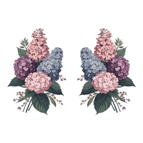 Two floral bouquets with pink, purple, and blue flowers on a white background Hydrangea Dream pair White Cloud Transfer