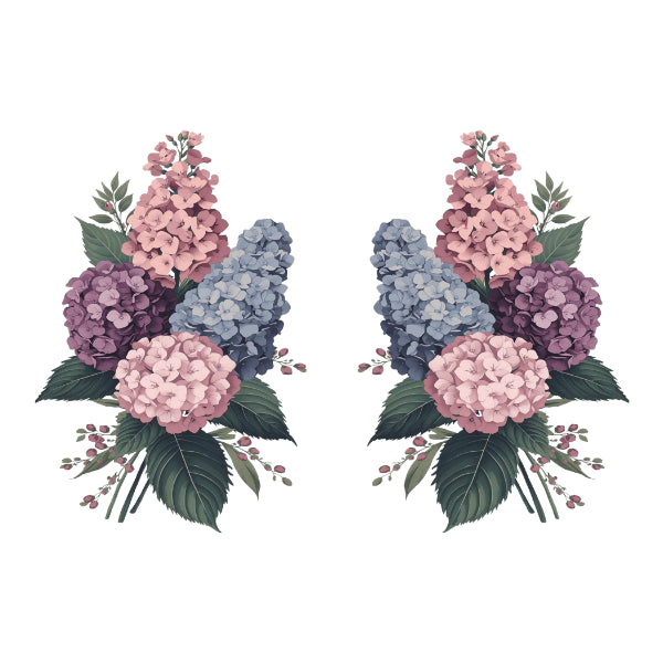 Two floral bouquets with pink, purple, and blue flowers on a white background Hydrangea Dream pair White Cloud Transfer