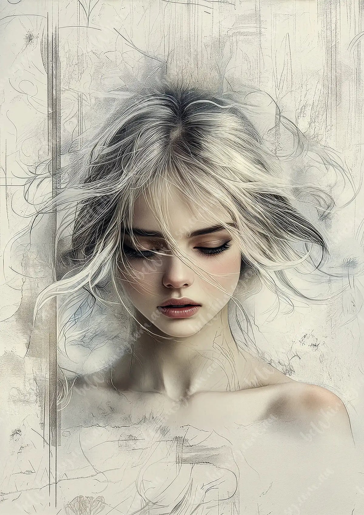 Artistic depiction of a woman with flowing hair on a textured Haley romantic woman Mulberry Decoupage Paper background