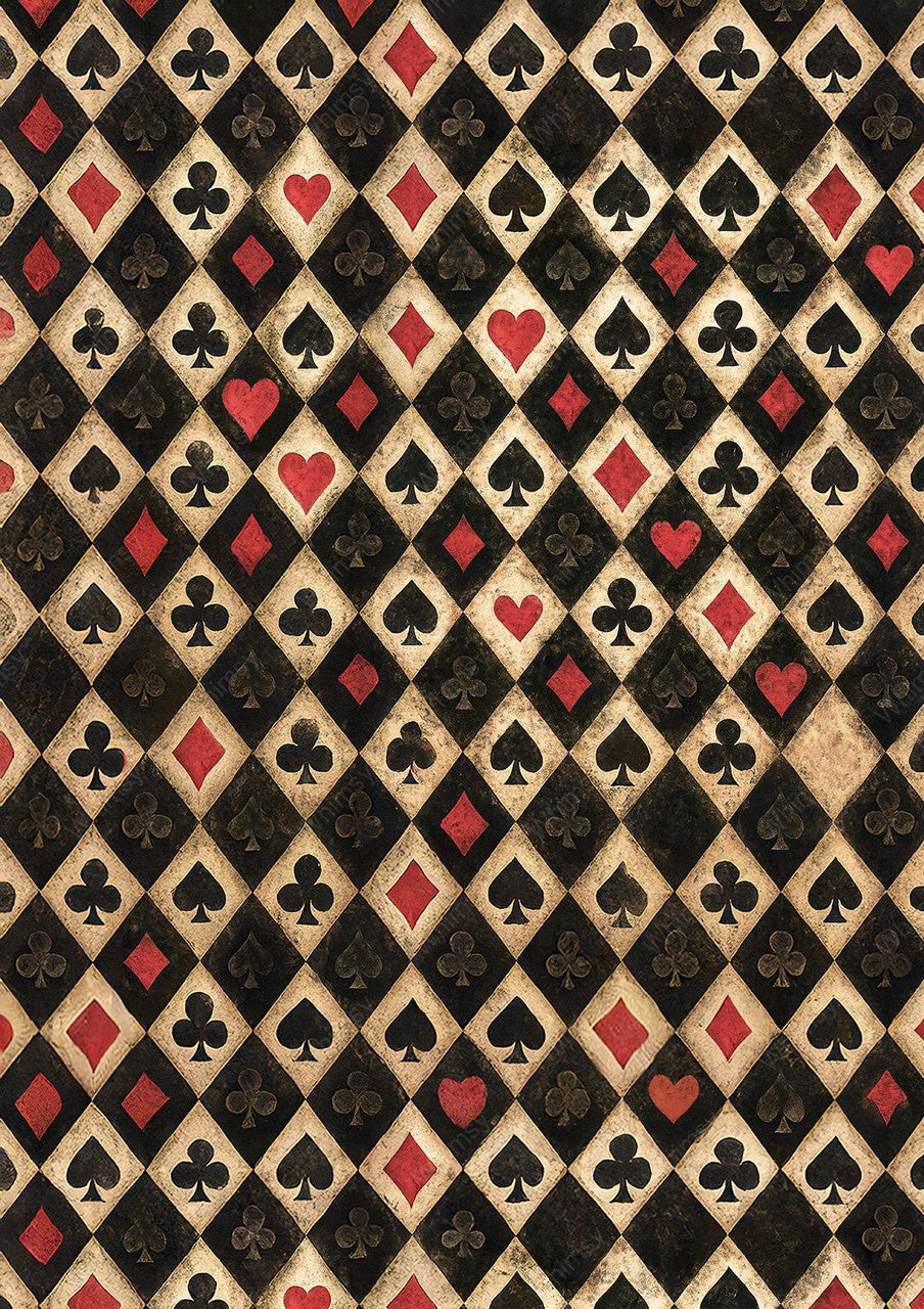 Pattern of playing card suits including hearts, clubs, diamonds, and spades on a black background. alice patterned Harlequin Diamonds Mulberry Decoupage Paper