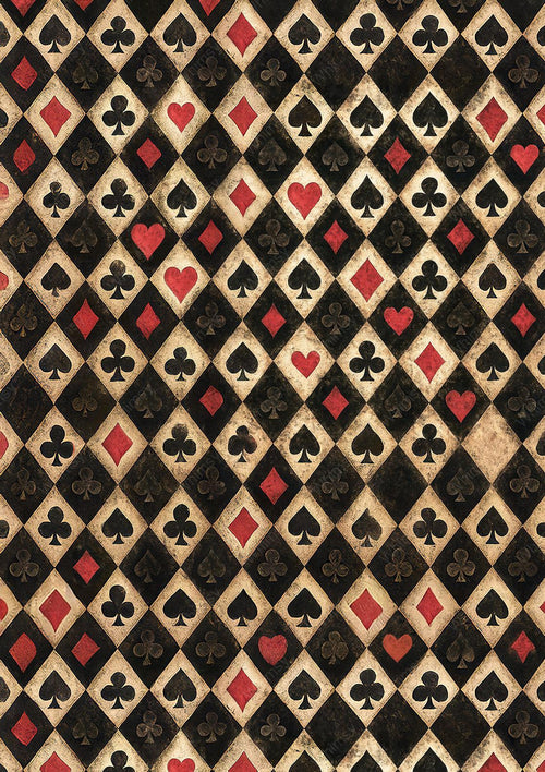 Pattern of playing card suits including hearts, clubs, diamonds, and spades on a black background. alice patterned Harlequin Diamonds Mulberry Decoupage Paper