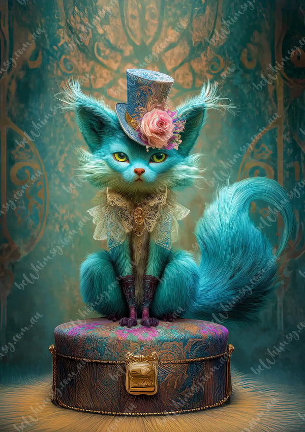 Fantasy creature with turquoise fur and a top hat sitting on a decorative suitcase. Huego Cat Mulberry Decoupage Paper