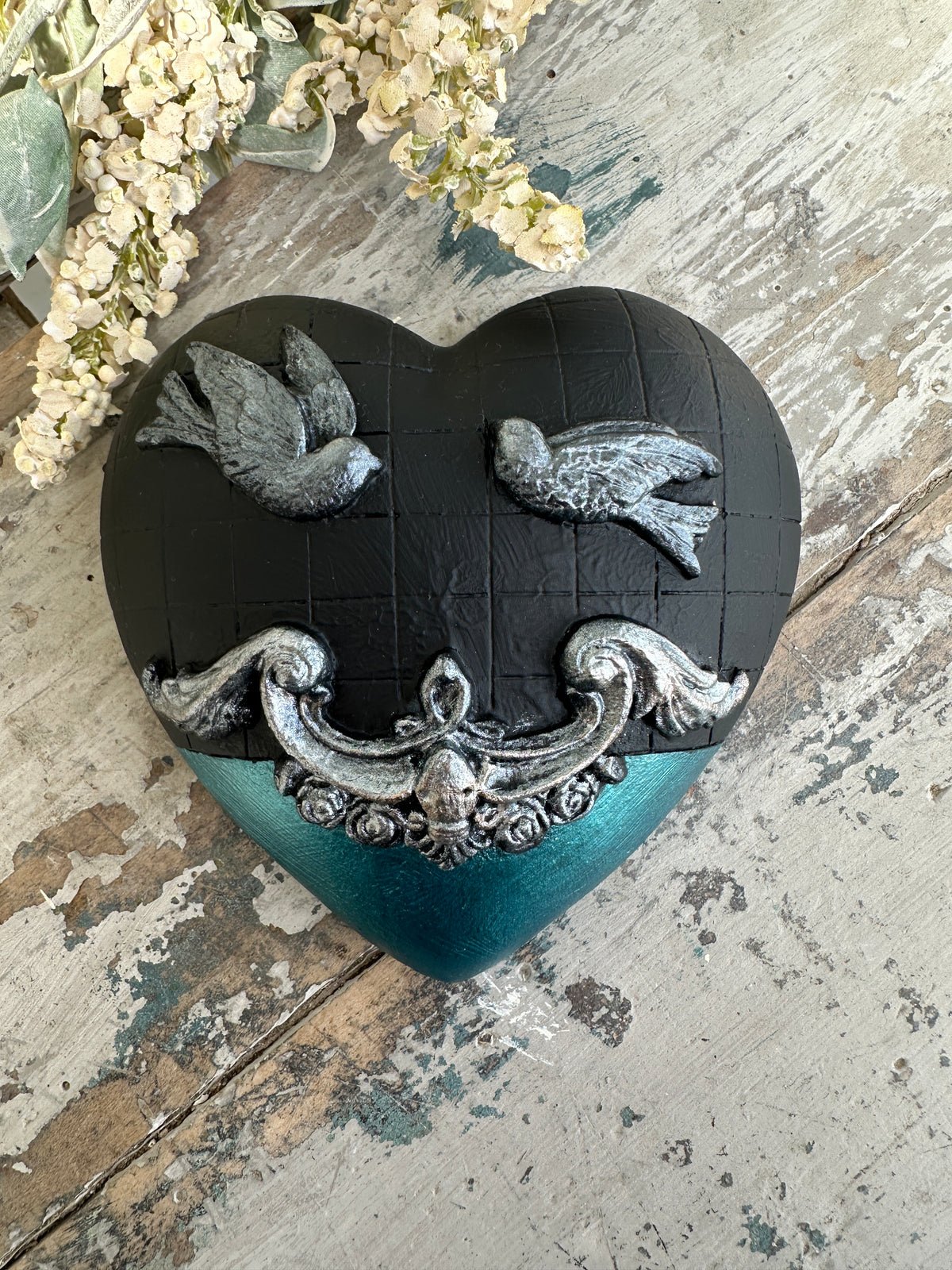 Wall heart Silver Birds with Kingfisher Blue