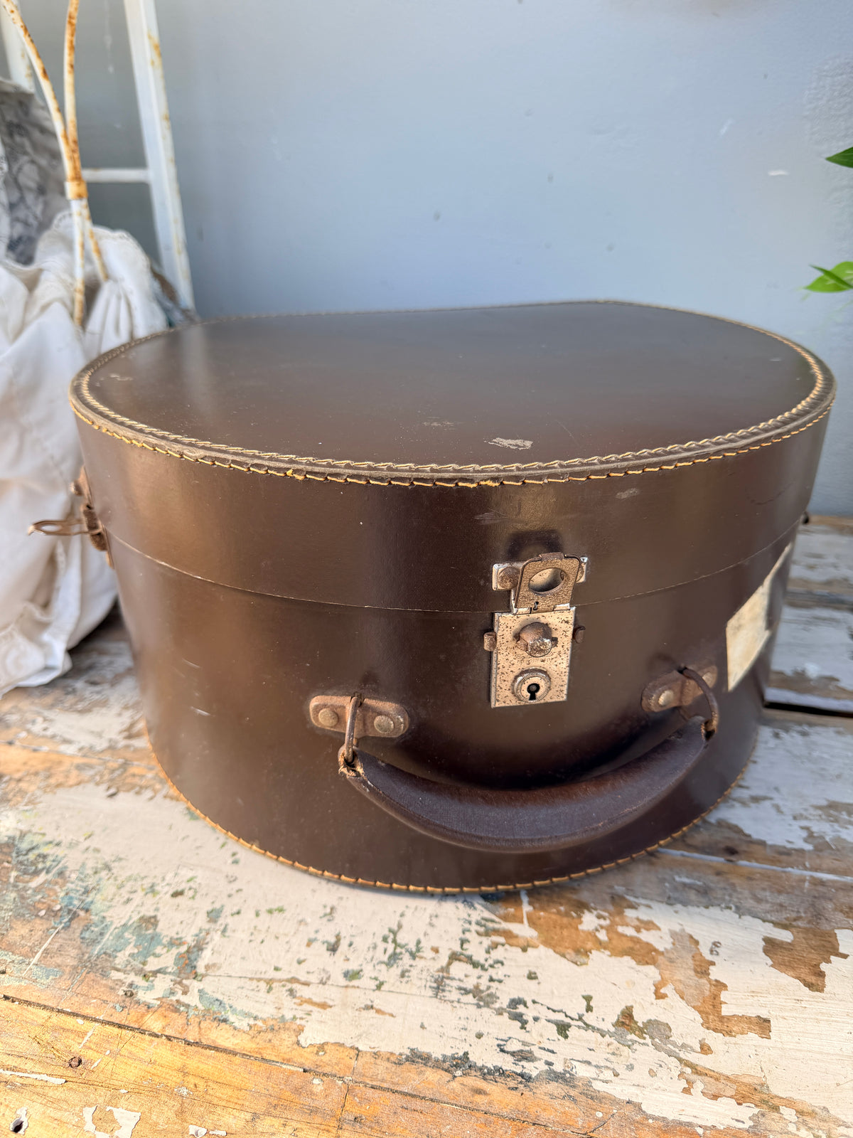 Hat Box Suitcase Vintage Brown Leather