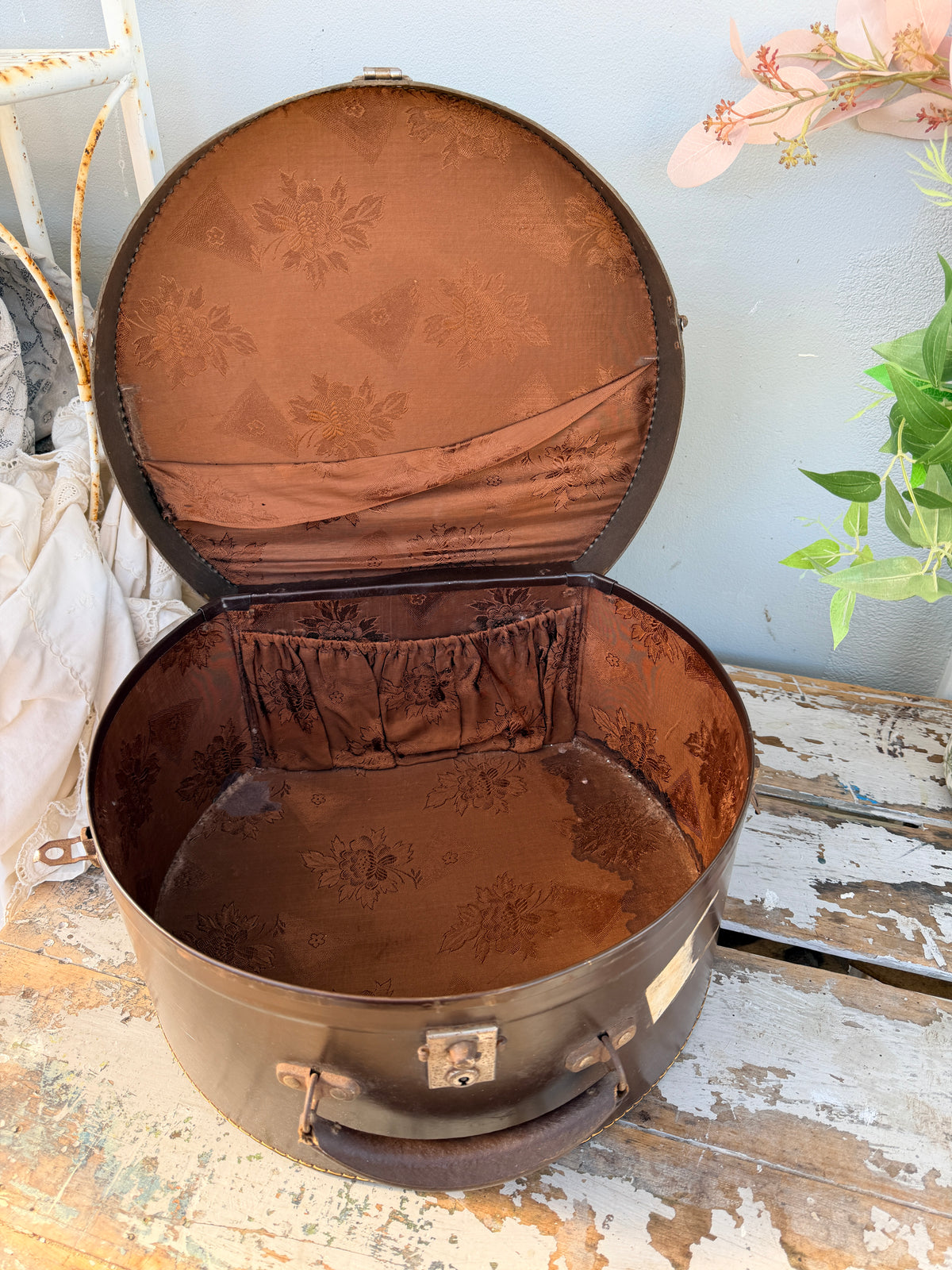Hat Box Suitcase Vintage Brown Leather