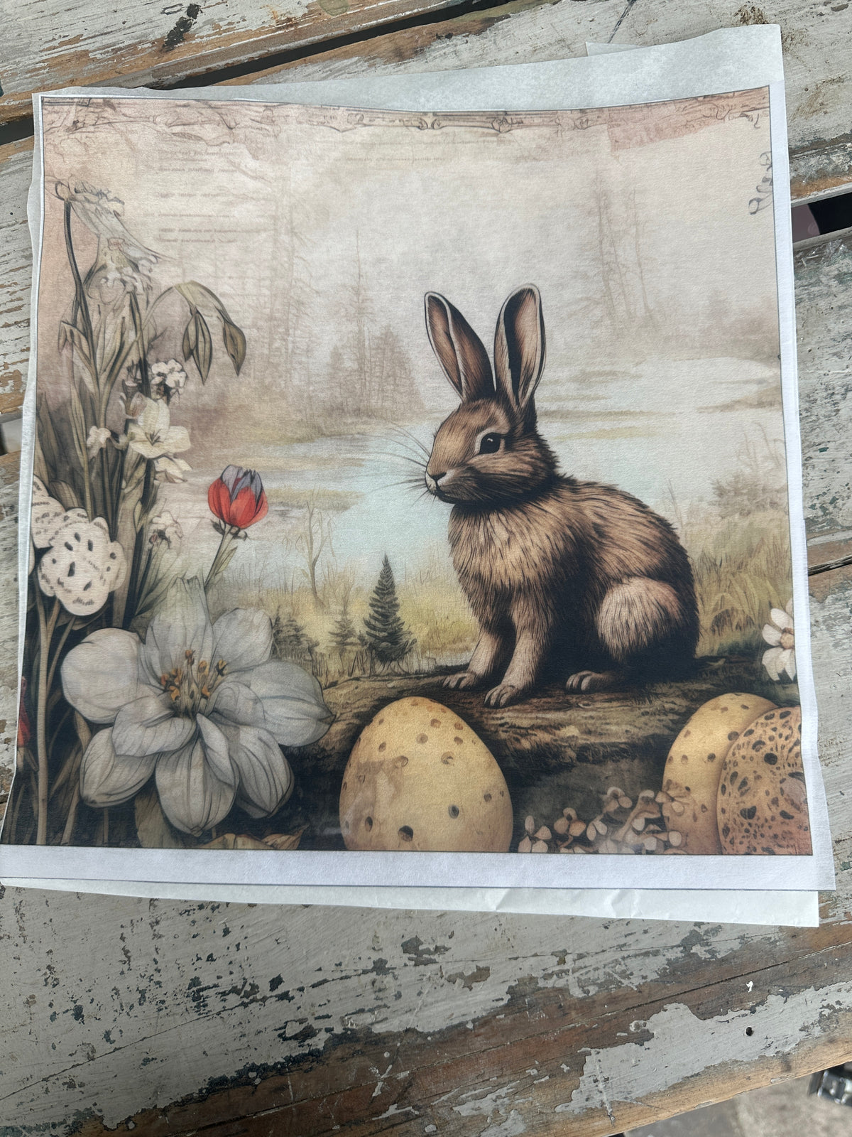 Bunny with flowers and eggs Paper for Decoupage Square