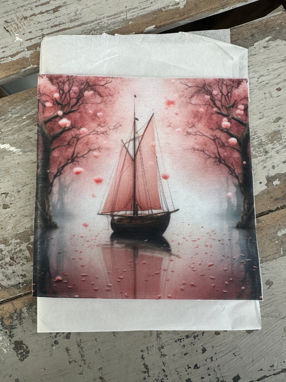 Mini decoupage Pink Sailing Dream with a sailboat design on a textured surface