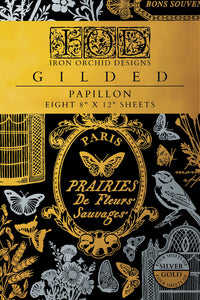 Gilded Papillon paper pack with floral and butterfly designs on a black background. Papillon IOD Gold & Silver Foil Transfer small 8 sheets