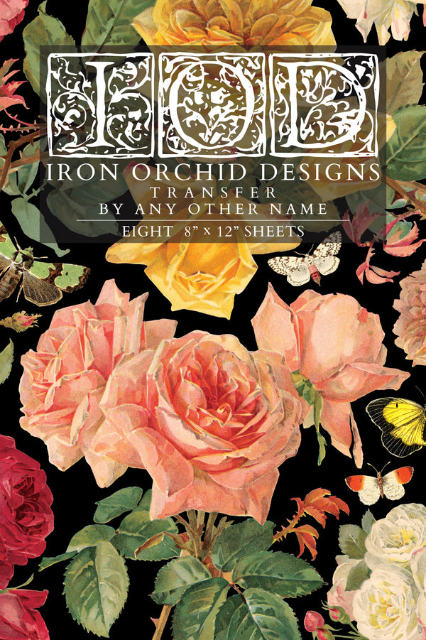 Iron Orchid Designs floral transfer paper packaging with flowers and text on a black background. By Any Other Name IOD Transfer small 8 sheets