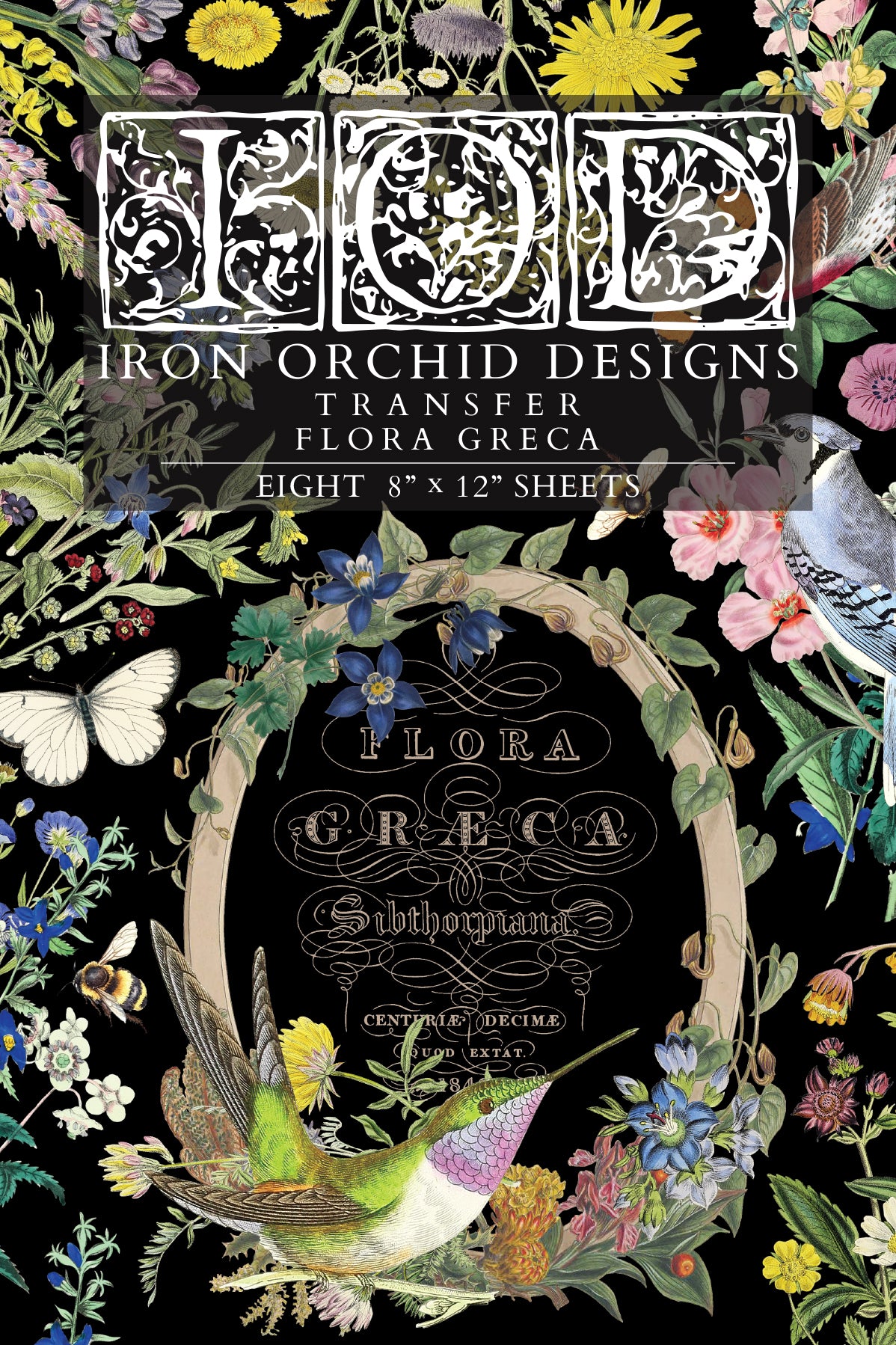 Iron Orchid Designs Flora Greca transfer with floral and nature-themed design on a black background