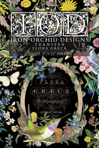 Iron Orchid Designs Flora Greca transfer with floral and nature-themed design on a black background