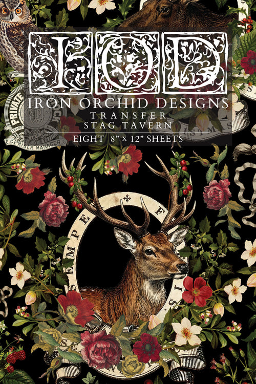 cover for 'Iron Orchid Designs Transfer Stag Tavern' featuring an ornate white gothic logo at the top and a central stag illustration surrounded by red flowers and green foliage on a black background.
