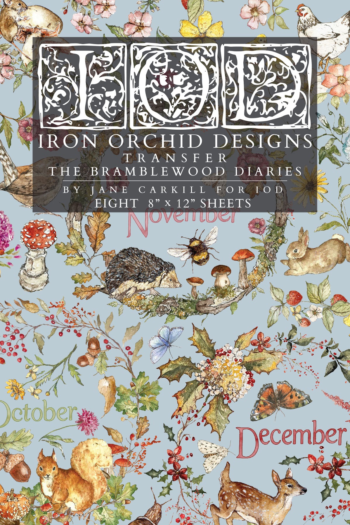 A flat lay of a transfer paper sheet featuring autumn and woodland illustrations, labeled 'IOD Iron Orchid Designs Transfer The Bramblewood Diaries' 