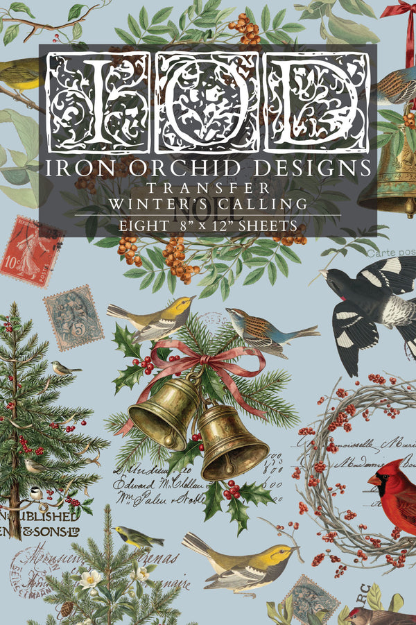 Cover of 'Transfer: Winter's Calling' by Iron Orchid Designs, featuring a festive collage of Christmas illustrations including bells, holly, birds, pine branches, and vintage stamps on a pale blue background.
