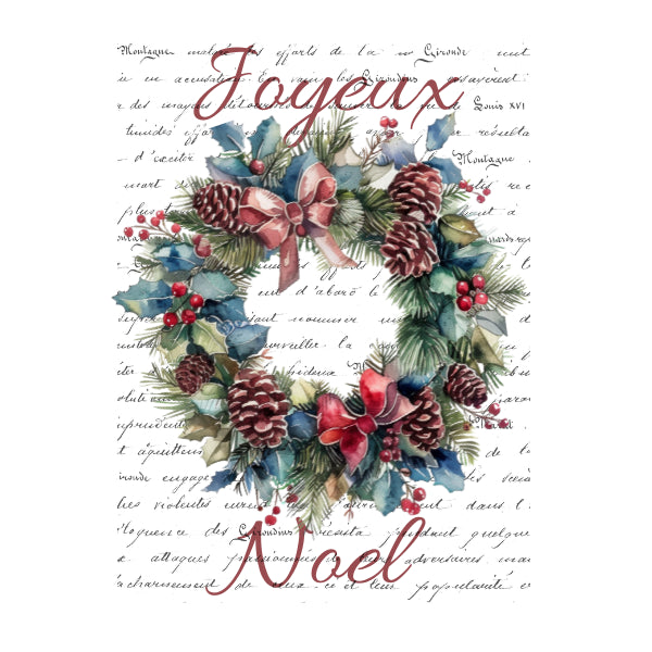 A festive Christmas wreath design with green pine branches, blue berries, red holly leaves, brown pinecones, and pink bows, overlaid on a white background with faint cursive script and the words “Joyeux Noel” in red script.
