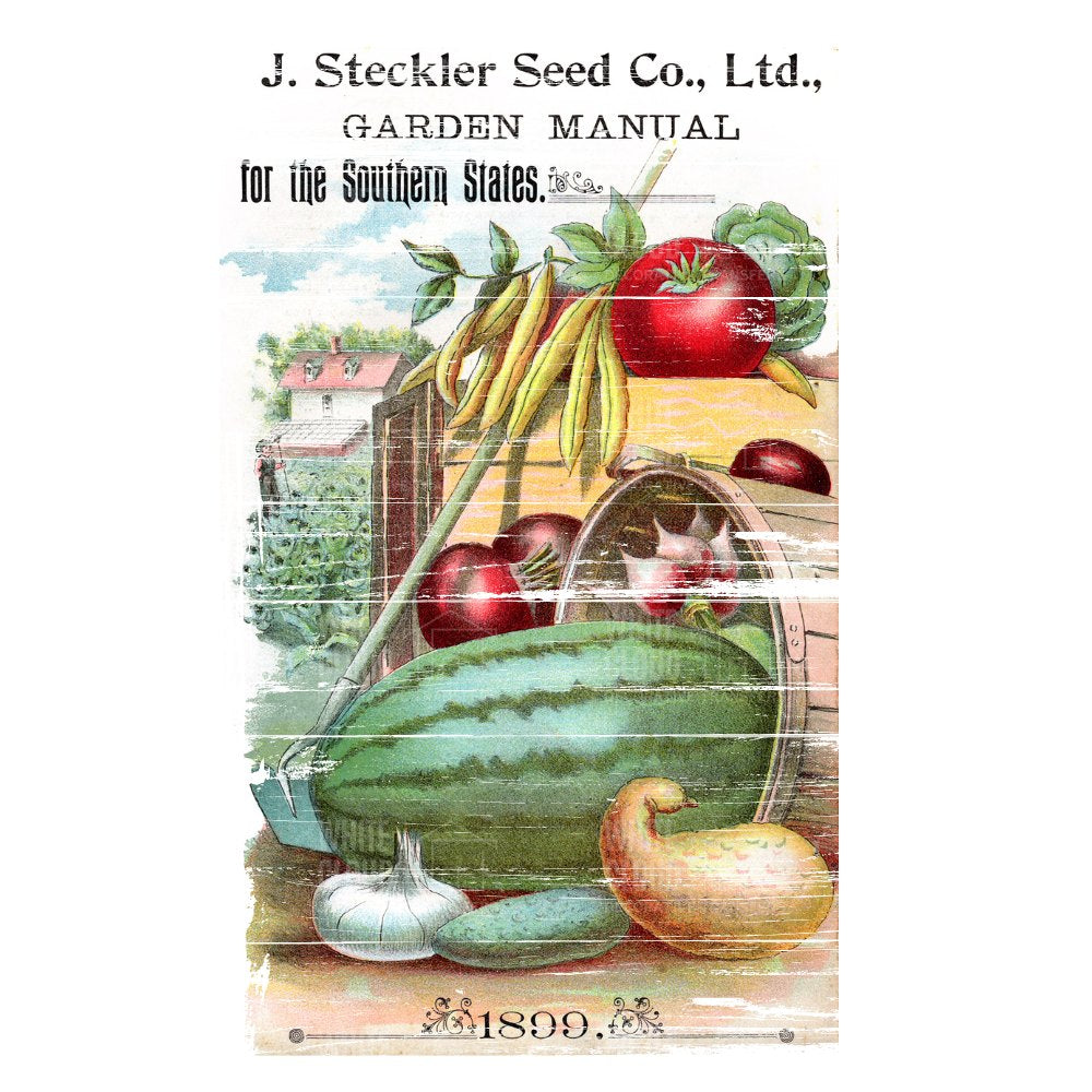 Cover of J. Steckler Seed Co., Ltd. garden manual with illustrations of vegetables and a house.