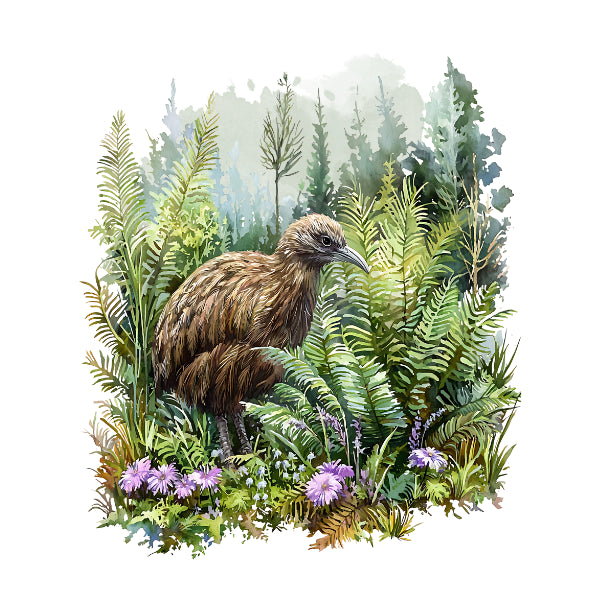 Illustration of a kiwi bird surrounded by foliage and flowers on a white background. Kiwi in Bush White Cloud Transfer nz native