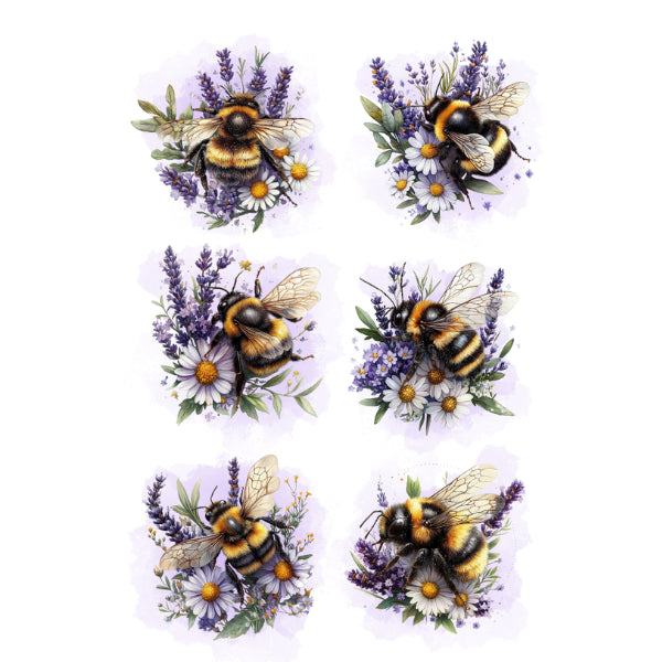 Set of six bee and flower stickers on a white background Lavender Bees White Cloud Transfer