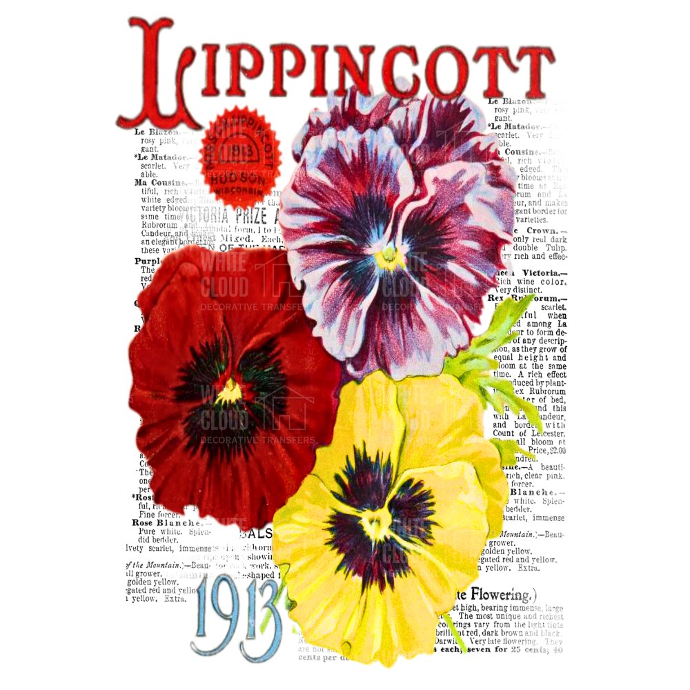 Colorful pansies on a vintage dictionary page with 'Lippincott' branding.