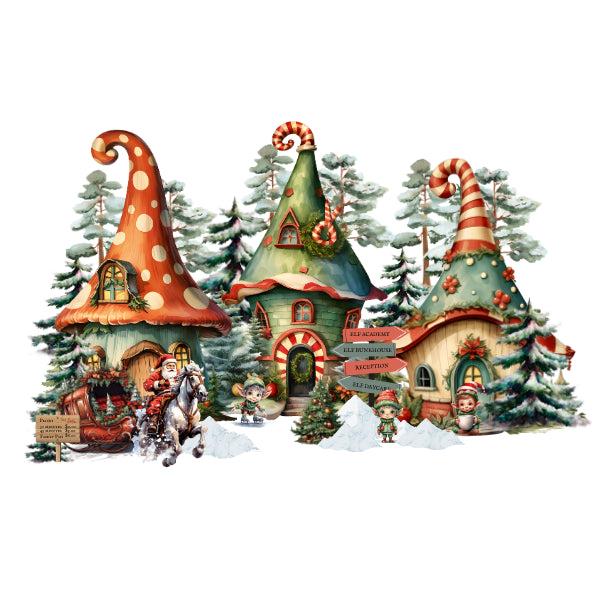 A festive Christmas village scene with three whimsical cottage houses shaped like mushrooms and candy canes, surrounded by snow, evergreen trees, and small holiday figures. The scene appears as a decorative illustration or print on a plain white background. LITTLE ELF VILLAGE transfer