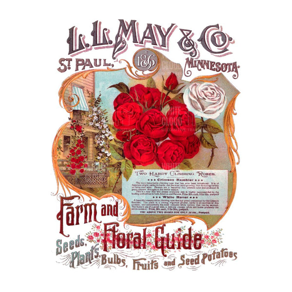 Vintage-style advertisement for L.R. May & Co. featuring red roses and garden scene.