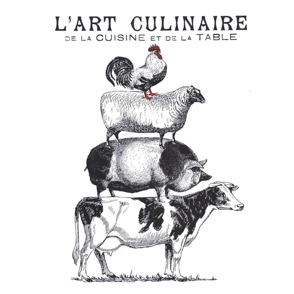 Illustration of animals stacked on top of each other with 'L'Art Culinaire' text above. L’art Culinaire White Cloud Transfer