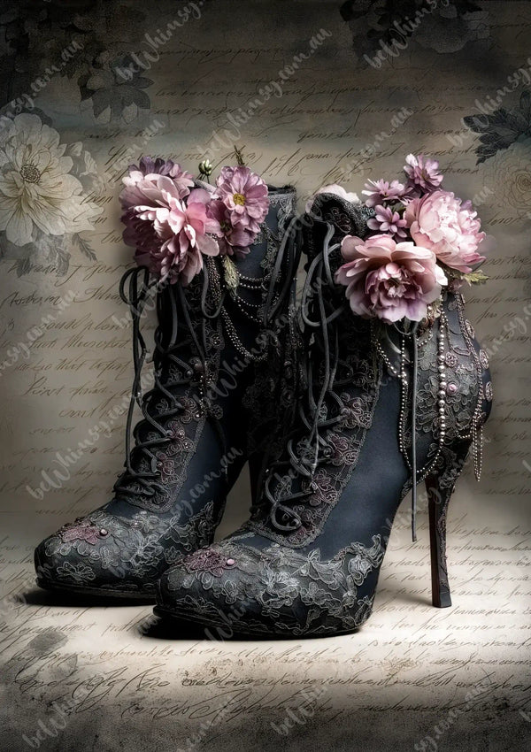 Pair of ornate high-heeled shoes with floral decorations on a textured background. Laces noir Mulberry Decoupage Paper romantic steampunk
